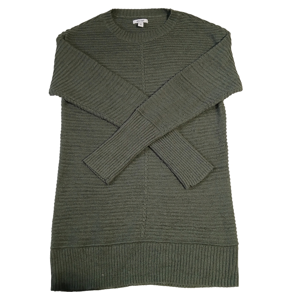 Nine West Olive Green Sparkle Tunic-length Pullover Ribbed Sweater